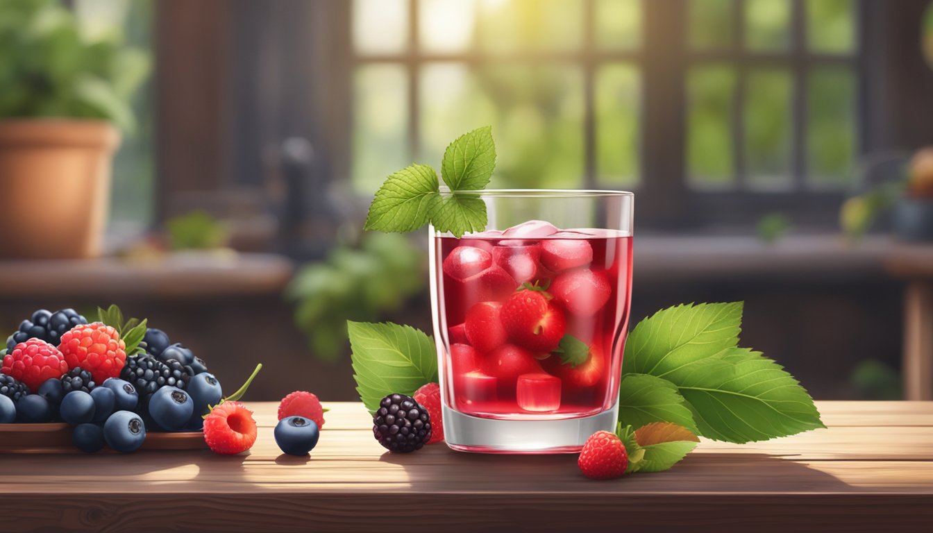 A glass of Brands Berry Essence sits on a rustic wooden table, surrounded by fresh berries and leaves, with a soft natural light illuminating the scene