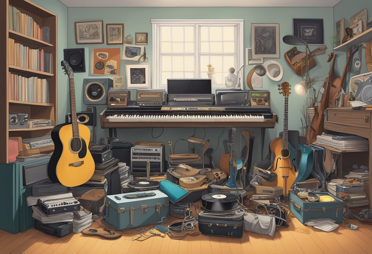 A cluttered room with scattered musical instruments, vinyl records, and vintage clothing, capturing the essence of Jonathan Berkery