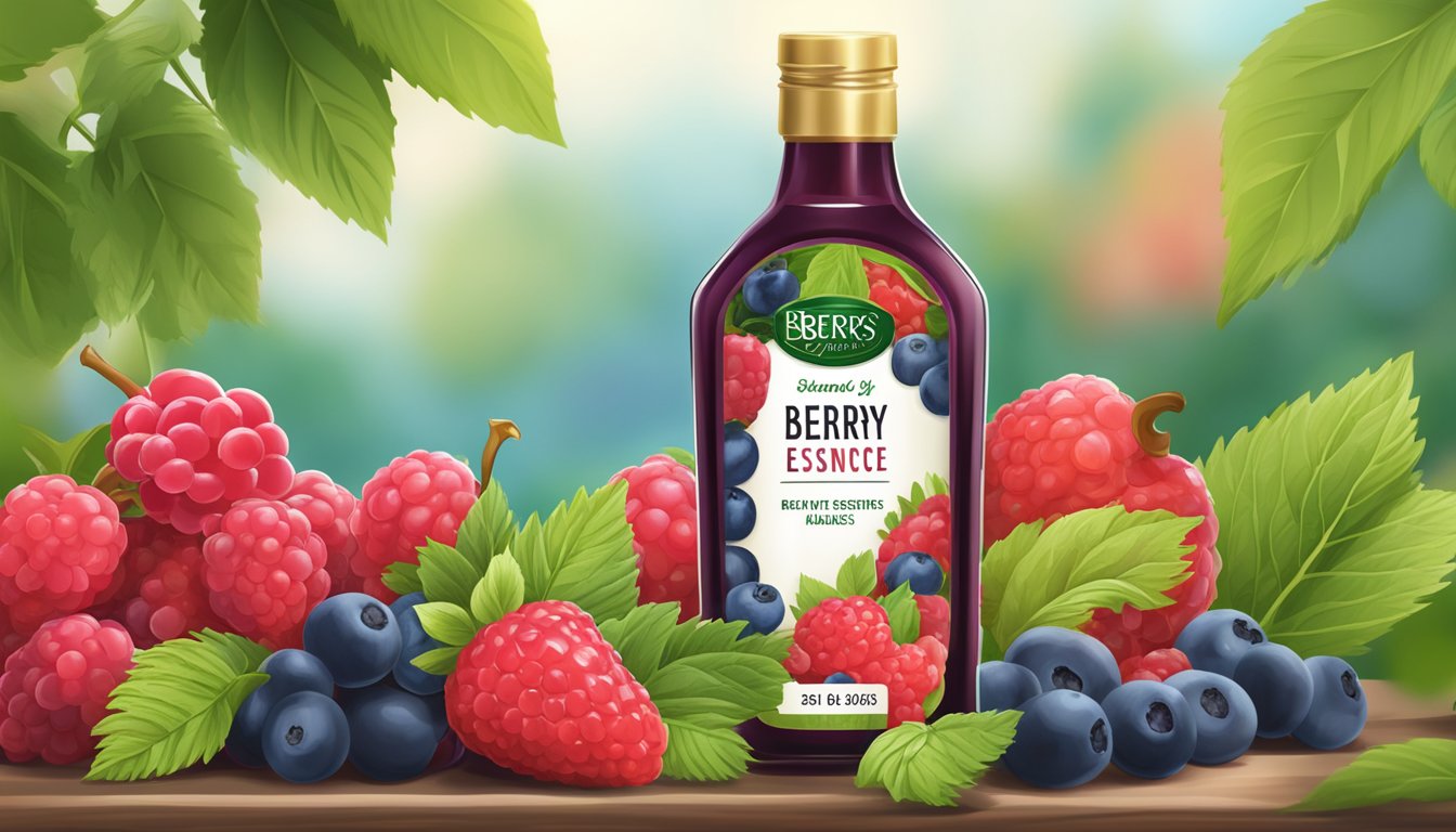 A bottle of Berry Essence brand showcases its nutritional content and ingredients on a label, surrounded by fresh berries and leaves