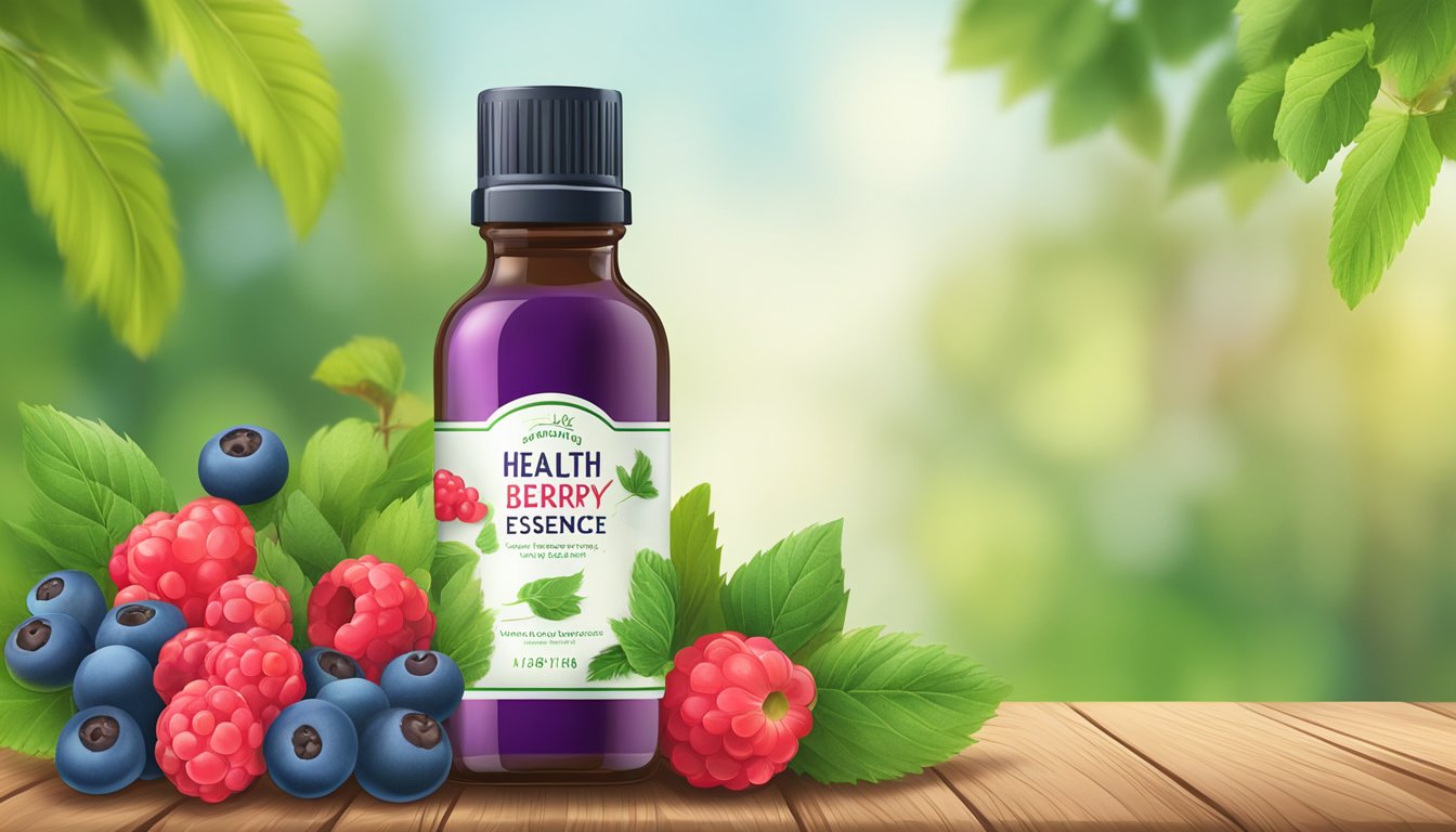 A bottle of Health Benefits and Usage brand berry essence sits on a wooden table, surrounded by fresh berries and green leaves. The label on the bottle showcases the vibrant colors of the berries