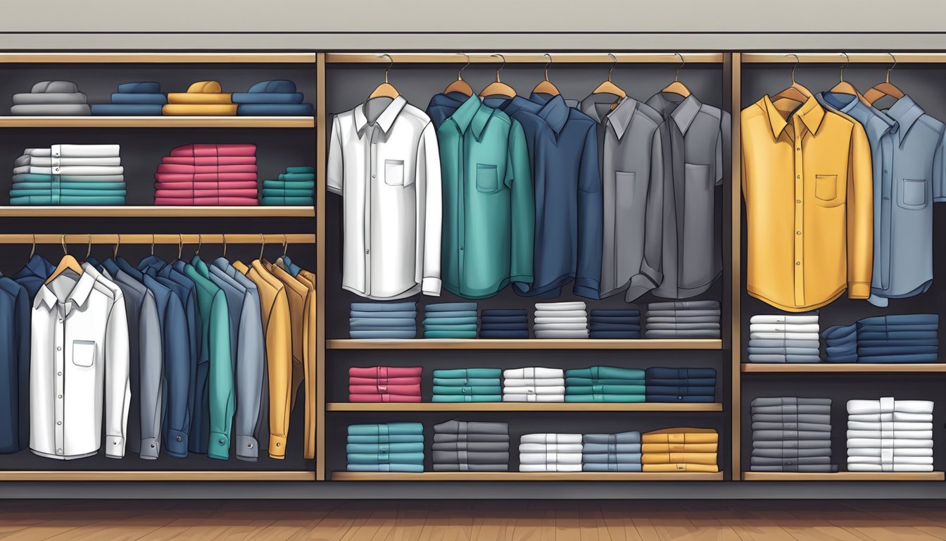 A display of men's branded shirts in various styles and colors, neatly arranged on racks or shelves