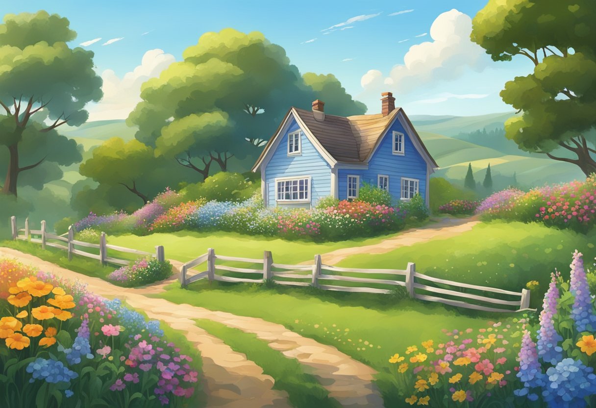 A quaint countryside cottage with rolling hills and a clear blue sky, surrounded by lush greenery and colorful wildflowers