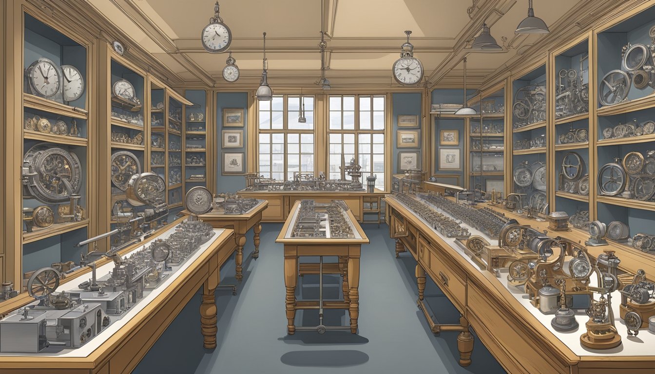 A workshop filled with intricate machinery and tools, showcasing the evolution of Swiss watchmaking. Shelves lined with vintage timepieces from iconic Swiss watch brands