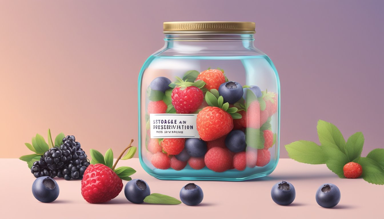 Berries float in a clear liquid inside a glass bottle labeled "Storage and Preservation." The label features bold, vibrant colors and a sleek, modern font