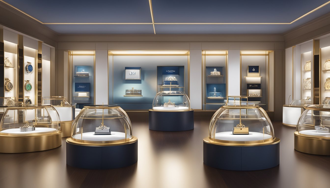 A display of iconic Swiss watch brands, featuring their flagship models in a showcase with elegant lighting and luxurious background