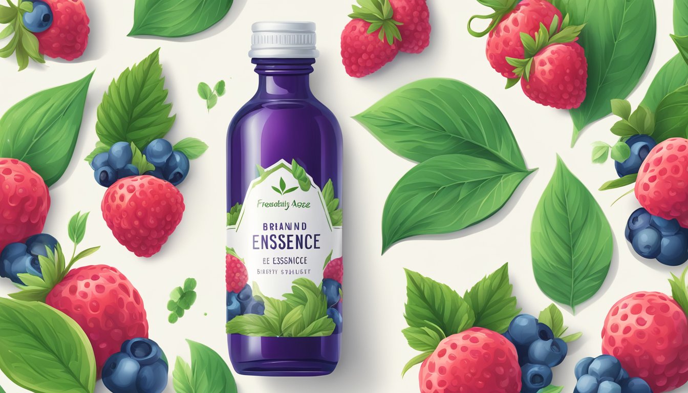 A bottle of Frequently Asked Questions brand berry essence surrounded by fresh berries and vibrant green leaves