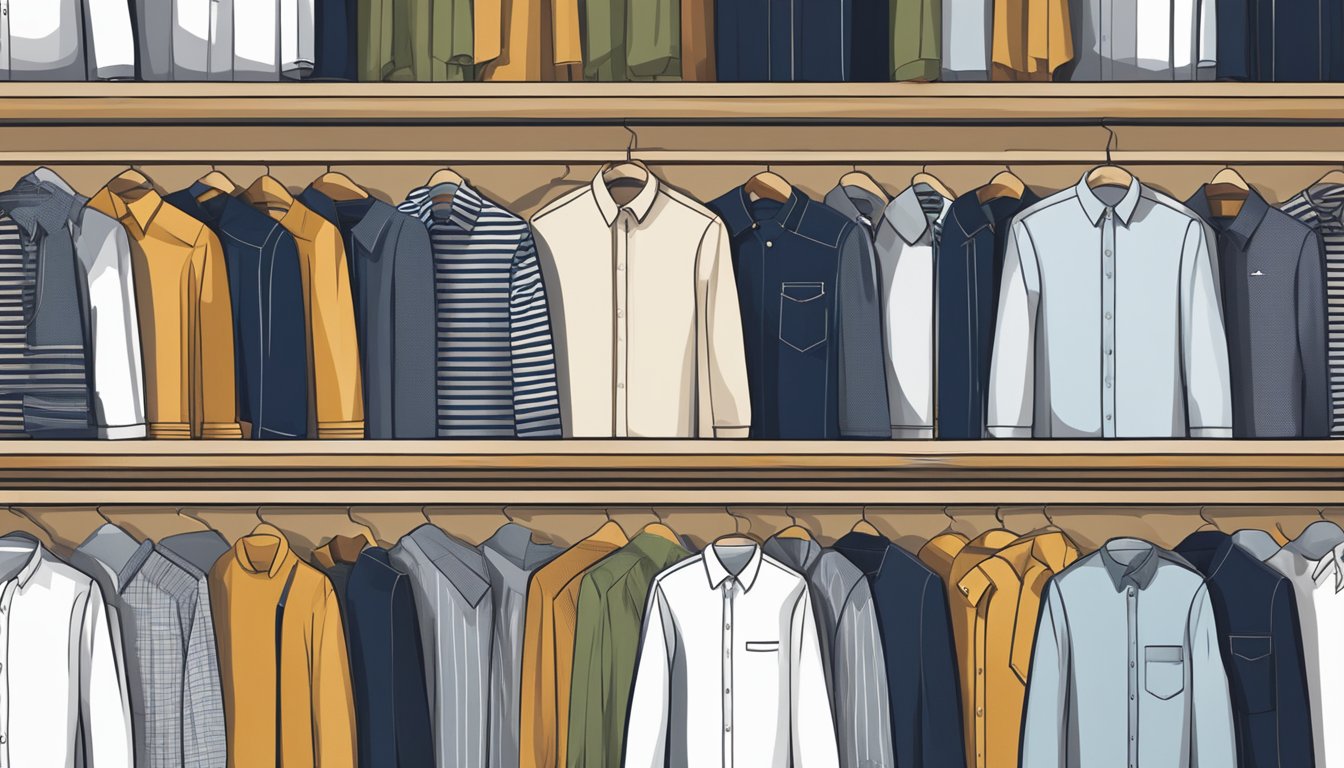 A display of top men's shirt brands arranged on a sleek, modern shelf. Bold logos and stylish designs catch the eye