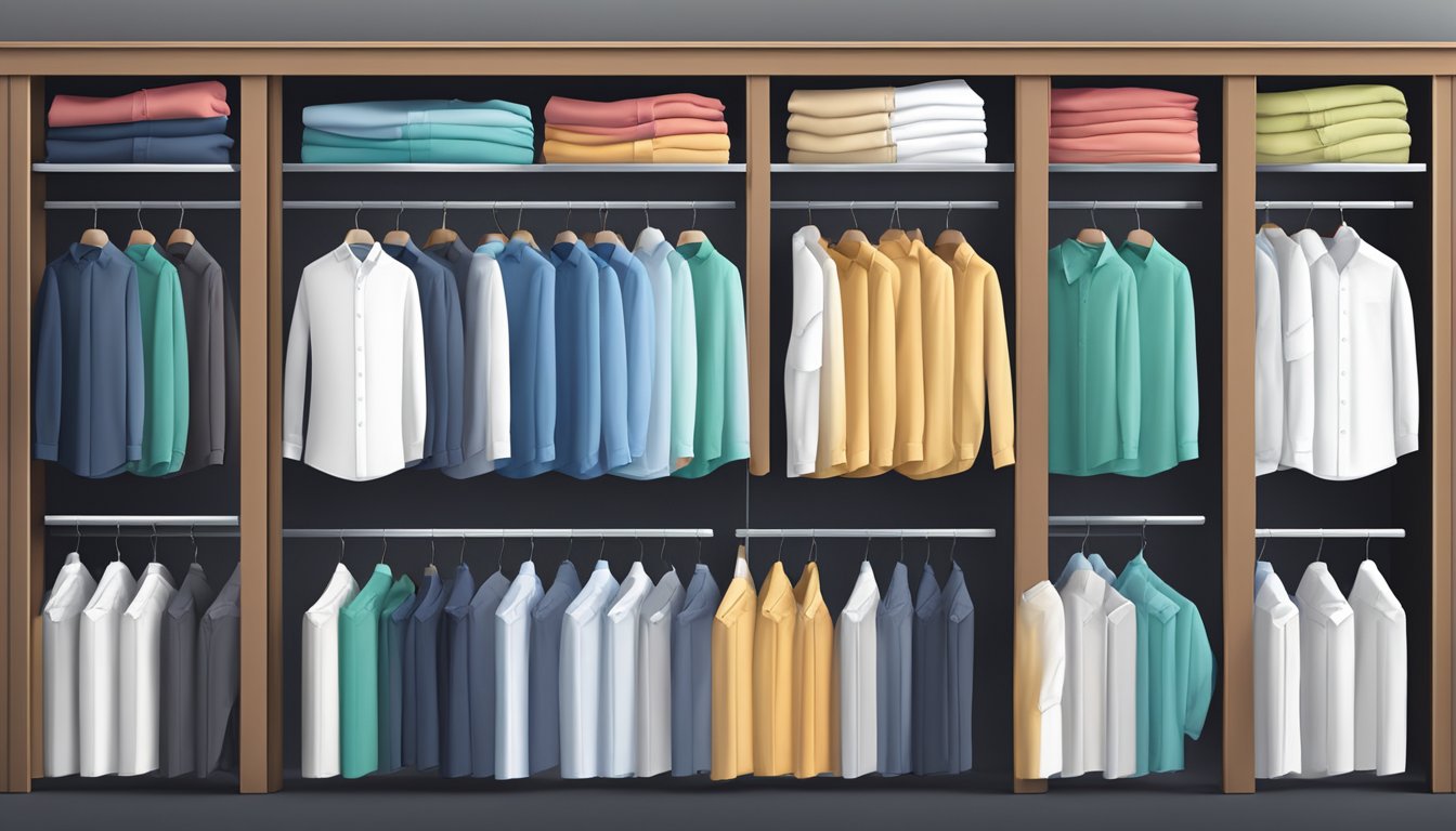 A row of neatly folded branded shirts for men, each displaying a perfect fit and shape on a sleek display rack