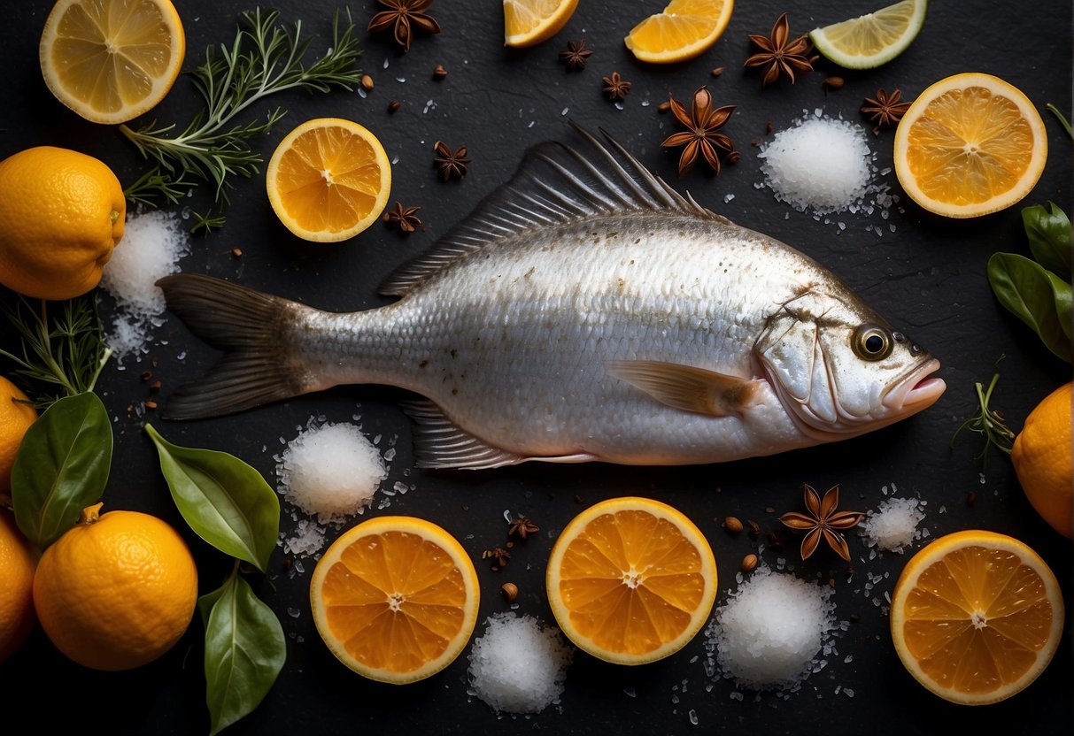 A whole fish, coated in salt and spices, baking in a hot oven. The fish is surrounded by aromatic herbs and citrus slices, releasing a tantalizing aroma