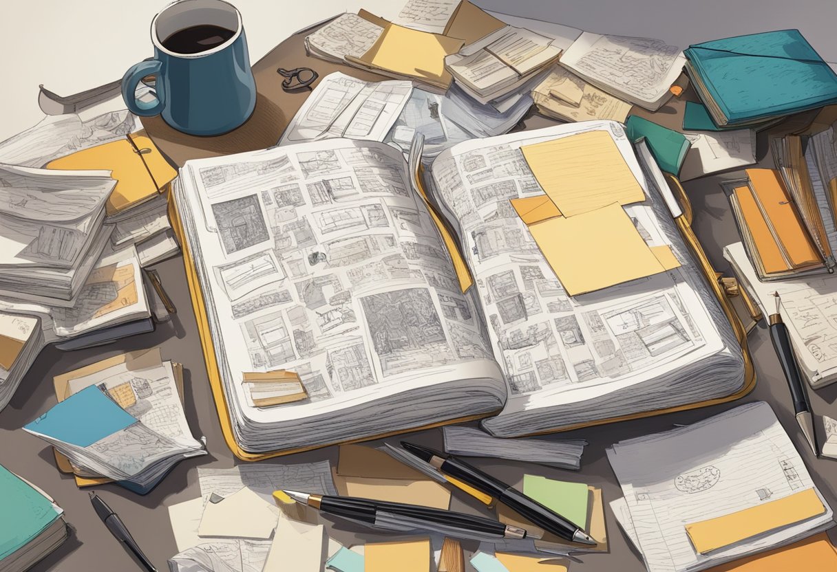 A cluttered desk with scattered photos and letters, a guitar in the corner, and a journal open to a page filled with scribbled thoughts and emotions