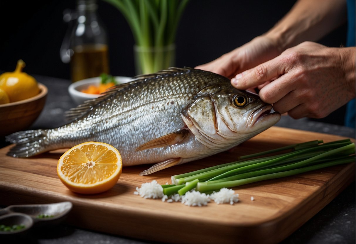 A hand reaches for a whole fish on a cutting board. Ingredients surround the fish, including salt, ginger, and green onions
