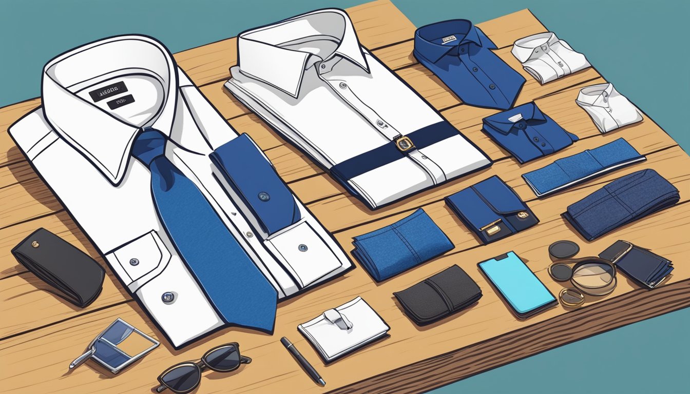 A table with various accessories laid out next to a branded men's shirt for different occasions