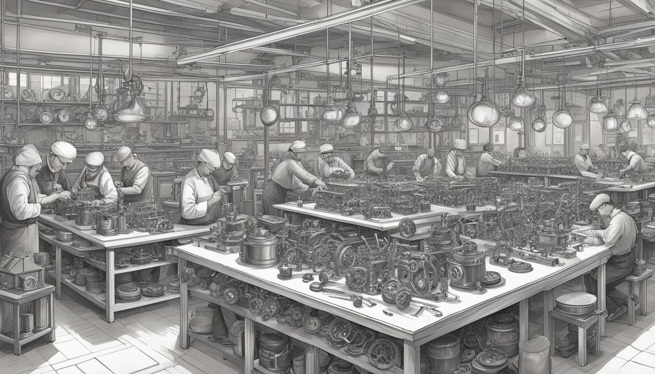 A workshop filled with intricate gears and finely crafted timepieces, surrounded by skilled artisans meticulously assembling Swiss watch brands