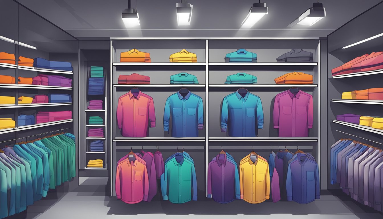 A display of branded shirts for men arranged neatly on shelves. Bright lighting highlights the vibrant colors and sleek designs
