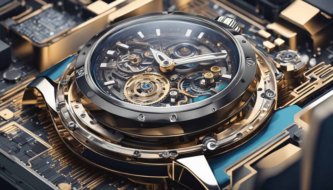 A sleek Swiss watch surrounded by cutting-edge technology and innovation, with intricate gears and components on display