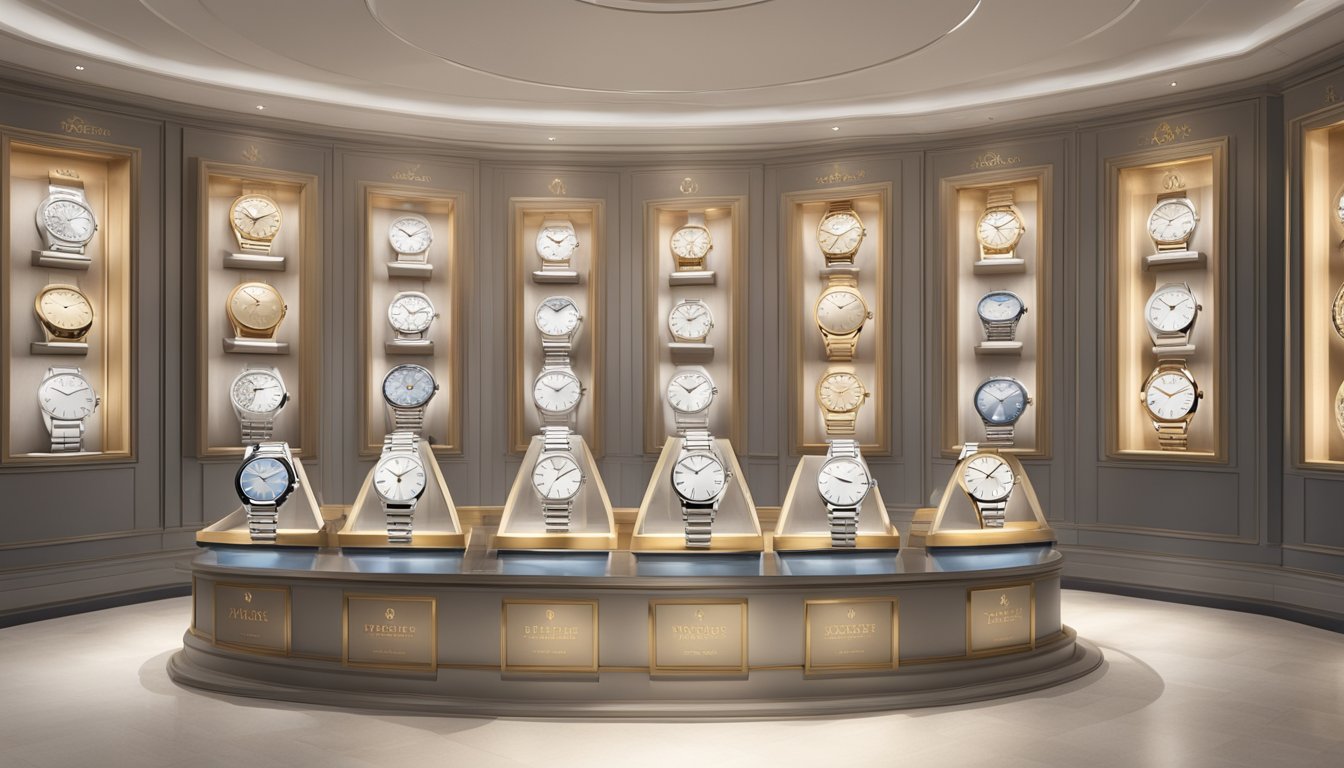 A display of Swiss watch brands in a well-lit, elegant showcase. Each watch is carefully arranged and labeled, showcasing their exquisite craftsmanship and timeless design