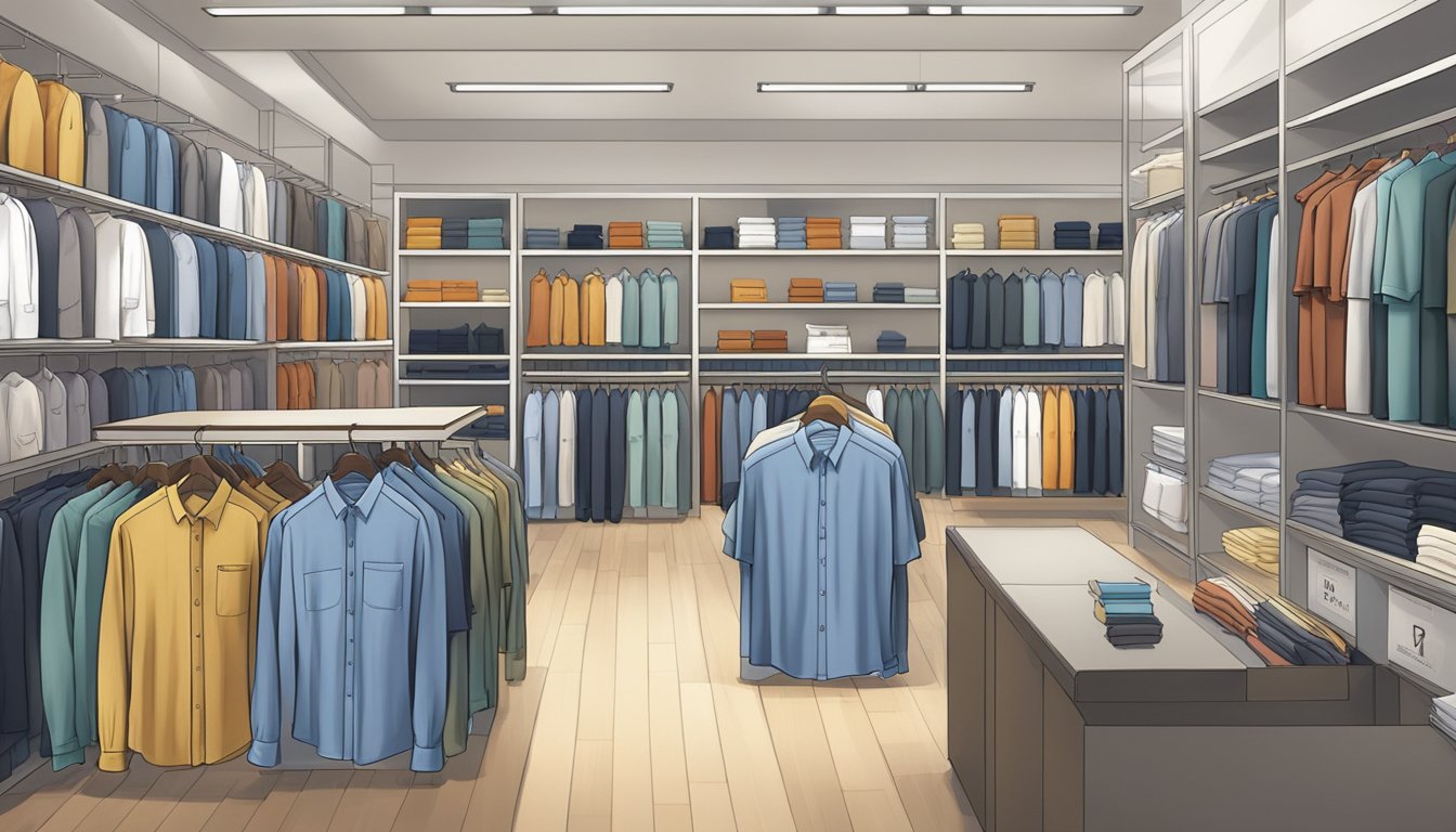 Men's shirts with "Frequently Asked Questions" branding displayed on shelves in a retail store