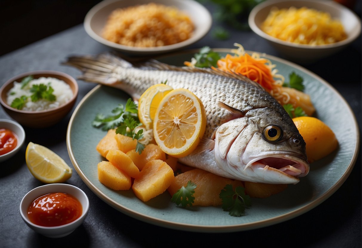 A whole fish covered in a crust of Chinese salt and surrounded by colorful garnishes and sauces