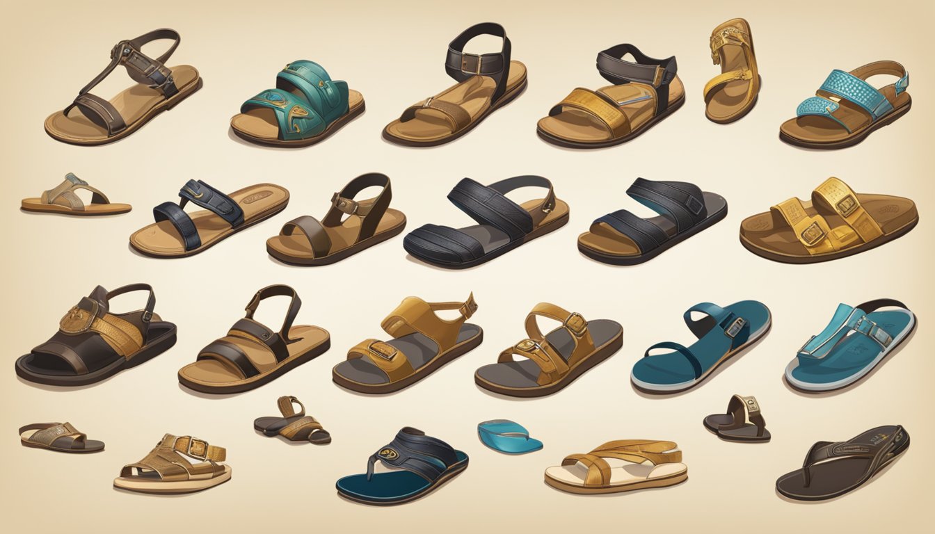 A timeline of sandals from ancient to modern, showcasing various brand logos and styles