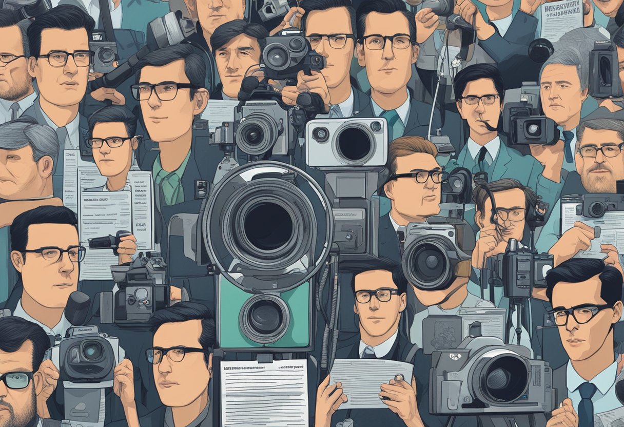 Jonathan Berkery's image is surrounded by cameras and microphones, with headlines and articles portraying different perspectives. The public's perception is divided, with contrasting opinions and emotions displayed