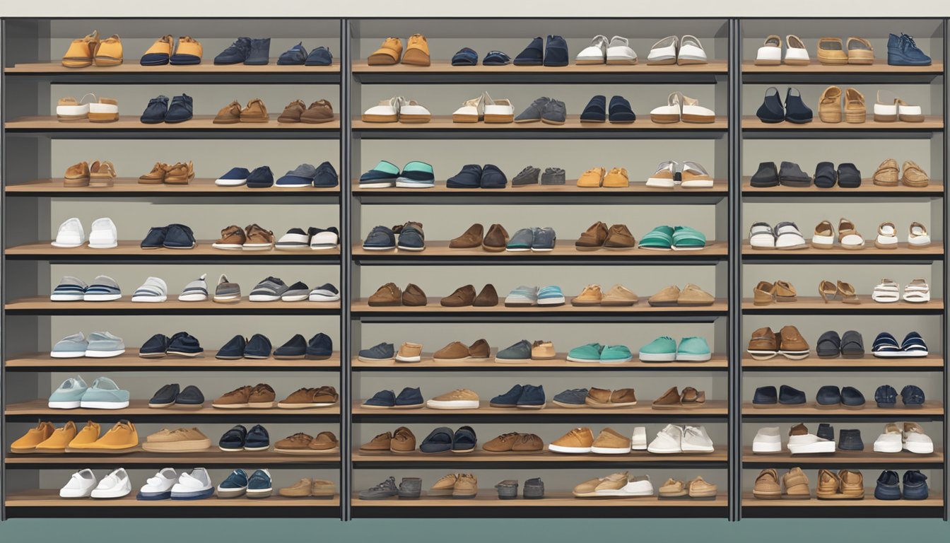 A display of various sandal brands arranged on shelves, with a diverse range of styles and colors to choose from