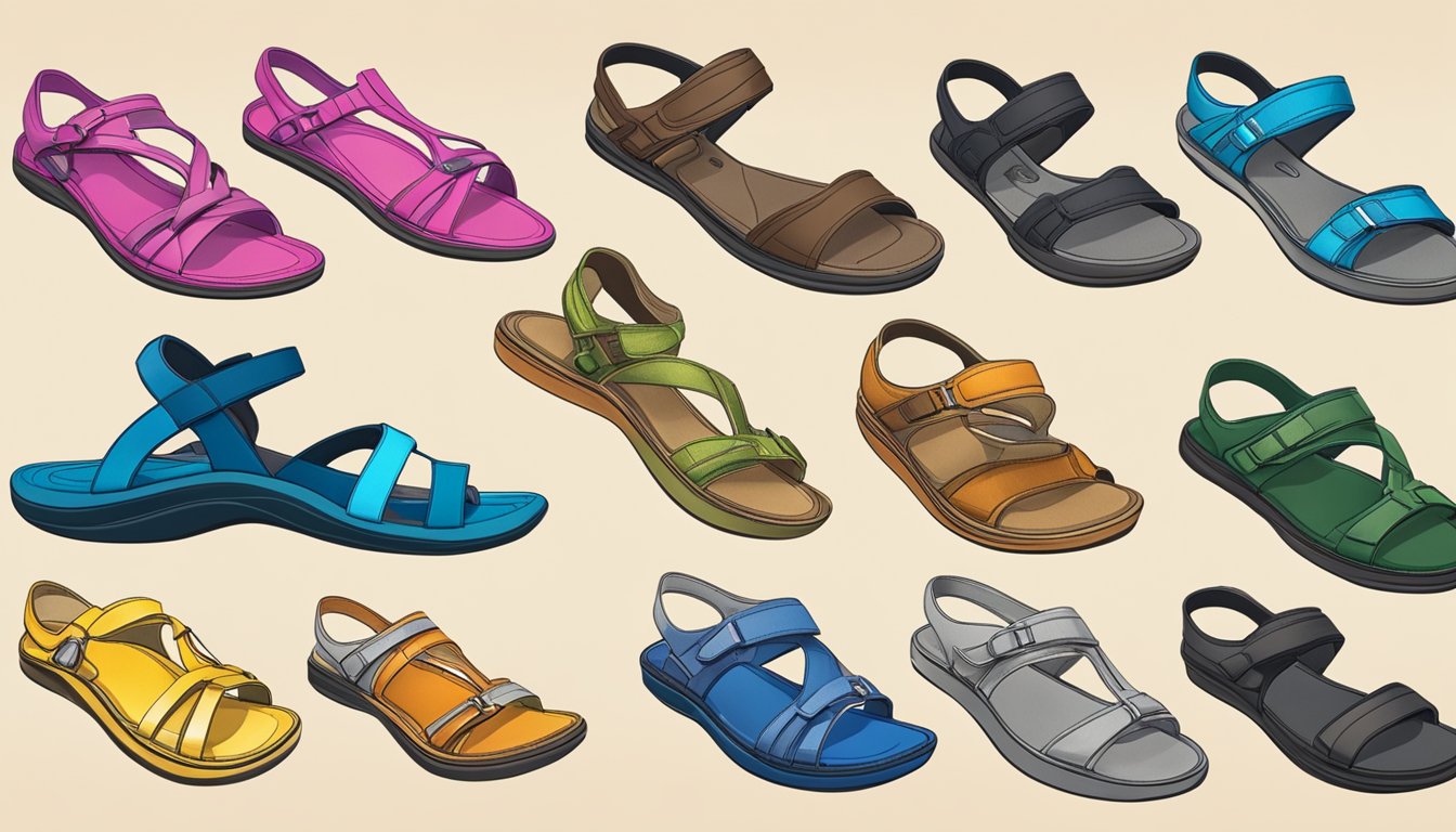 Vibrant, durable sandals arranged in a dynamic, outdoor setting with a focus on versatility and comfort for active individuals