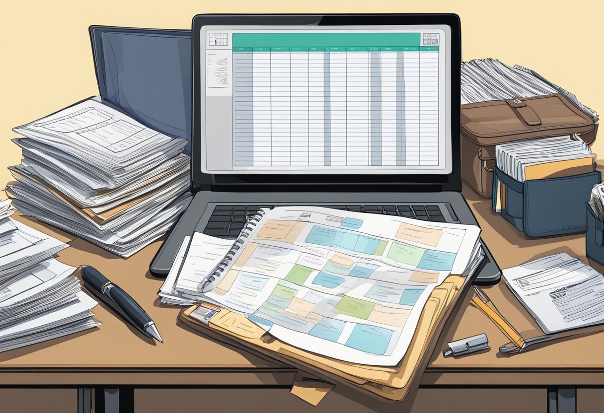 A desk cluttered with legal documents, financial statements, and a laptop. A wall calendar marked with important dates. An open briefcase overflowing with paperwork