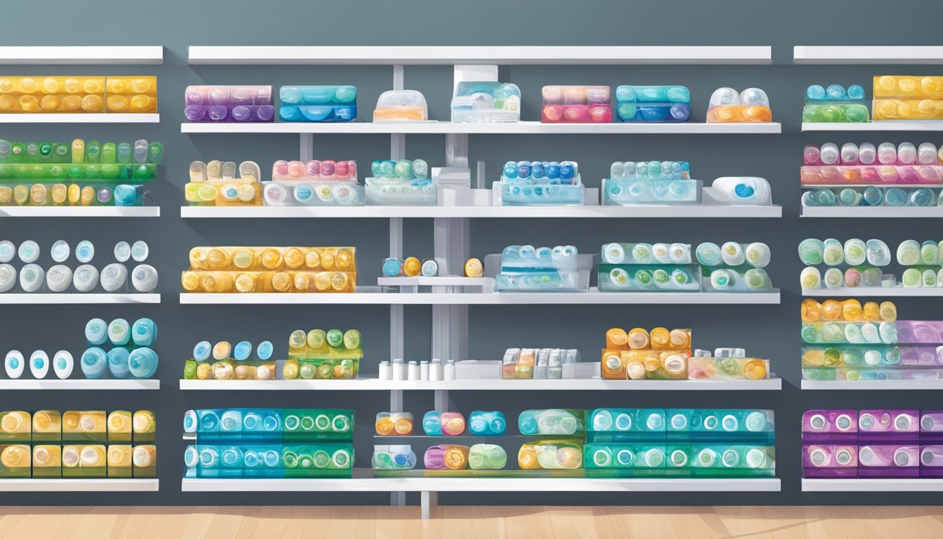 Various contact lens brands displayed on shelves in a well-lit optometry store. Colorful packaging and different sizes are visible
