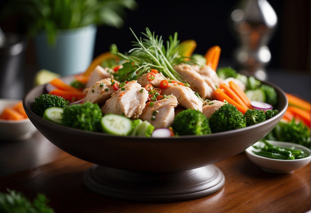 A platter of Chinese salted chicken, garnished with fresh herbs and surrounded by vibrant vegetables, is elegantly presented on a sleek, modern serving dish