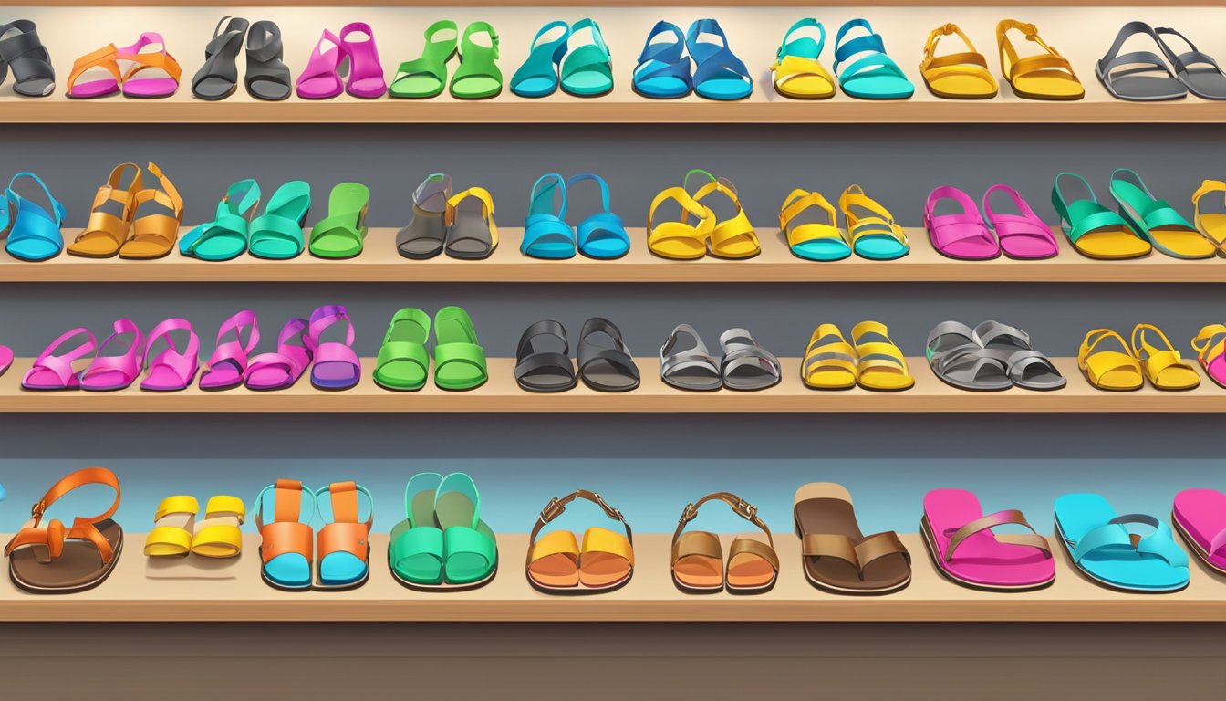 Colorful sandals displayed on shelves with price tags. Store sign reads "Best Deals and Where to Find Them."