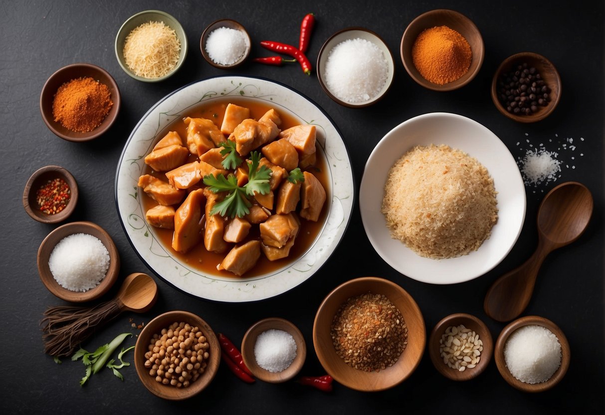 A table with ingredients (chicken, salt, spices) and utensils (knife, bowl, spoon) for making Chinese salted chicken