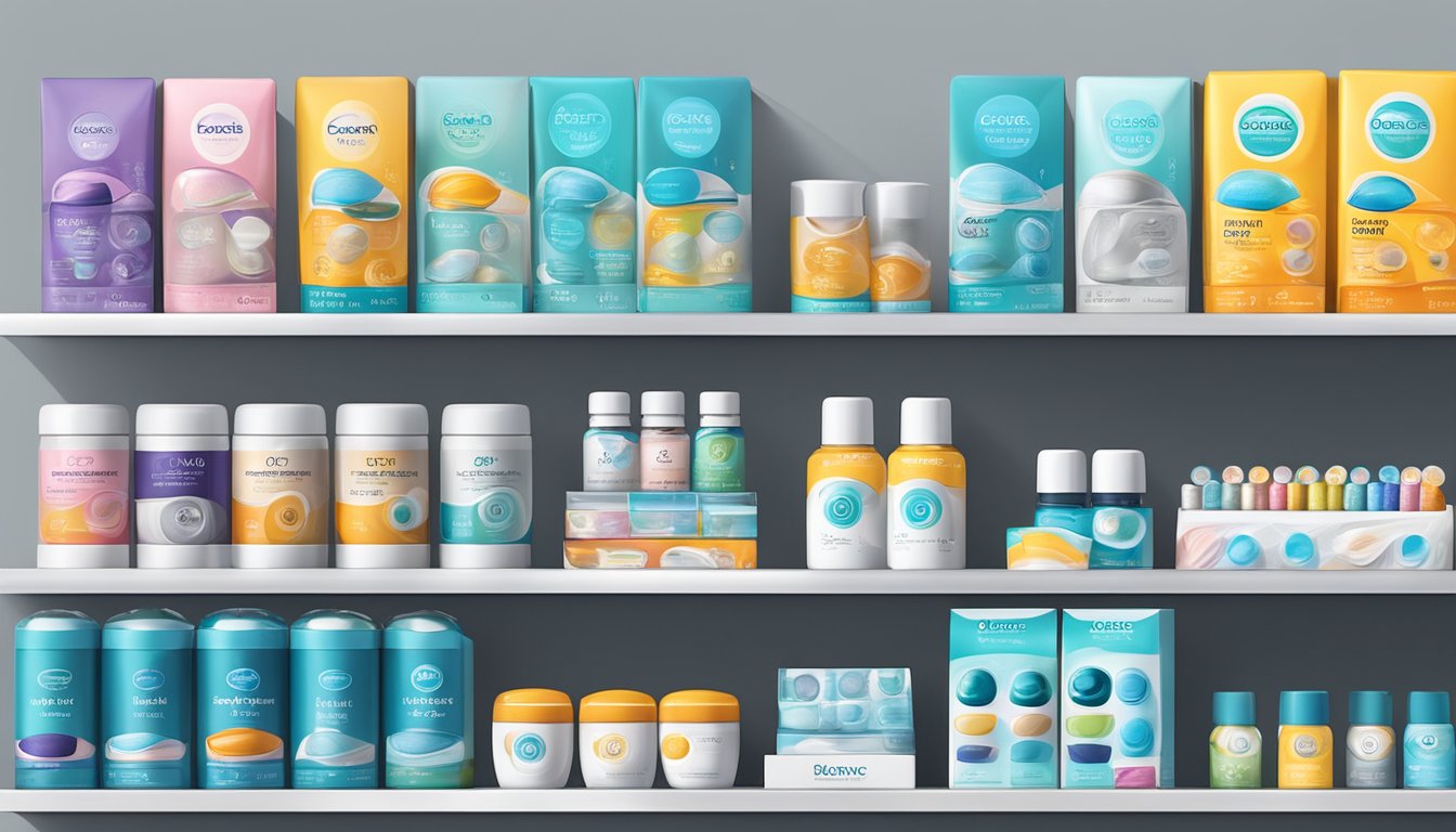 Various contact lens brands displayed on a shelf with colorful packaging and different designs