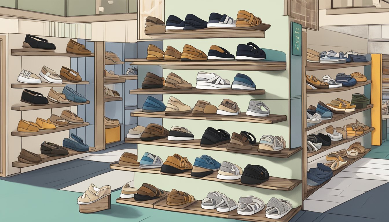 A display of various sandal brands with a sign reading "Frequently Asked Questions" above them