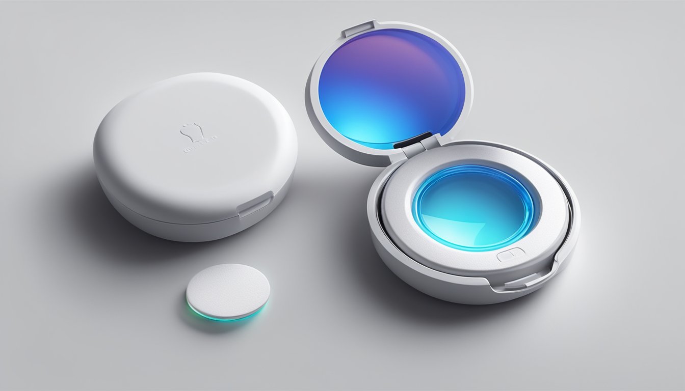 A sleek, modern contact lens case sits open on a clean, white surface. The case is illuminated by a soft, warm light, highlighting the innovative and comfortable technology within