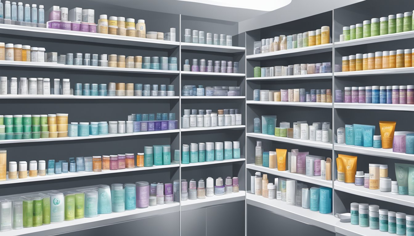A variety of contact lens brands displayed on shelves with eye care products in the background