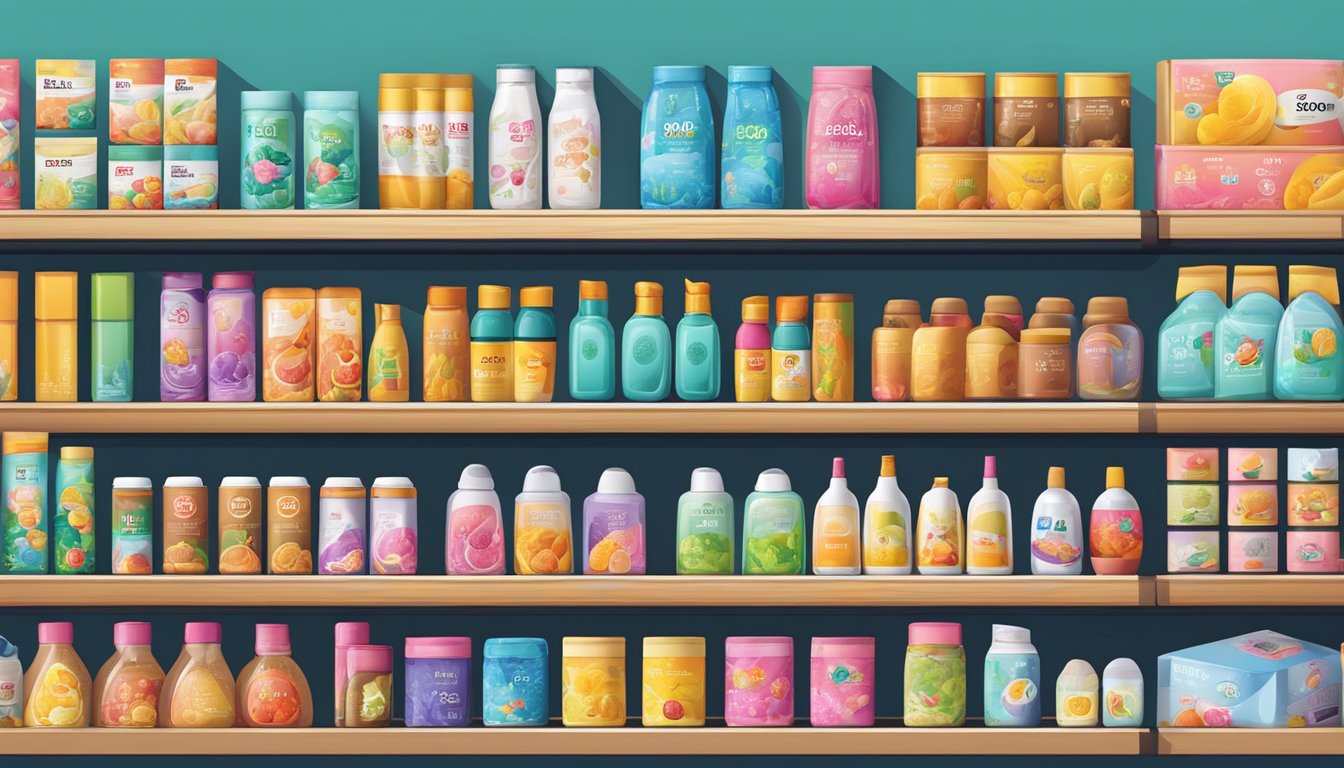 A display of Korean brands, with colorful packaging and unique designs, arranged neatly on shelves