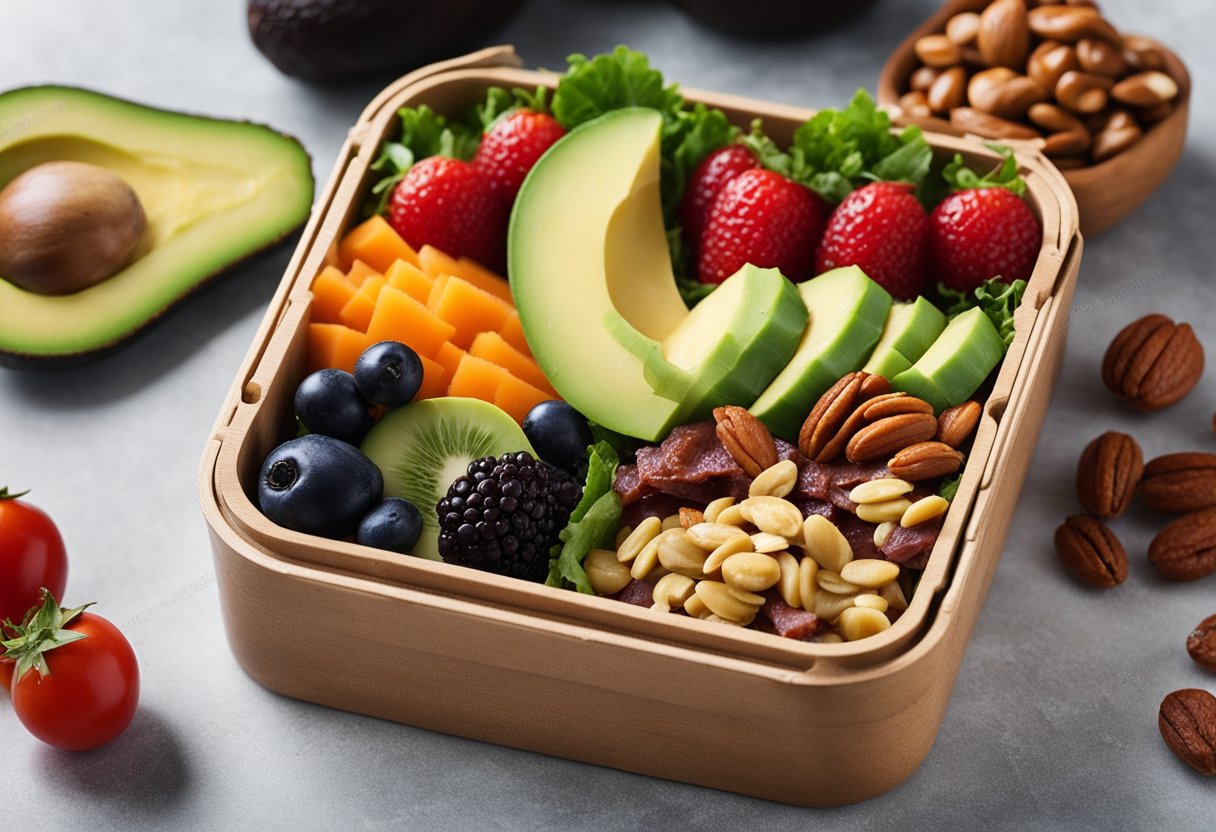 A bento box filled with assorted fruits, vegetables, and nuts. A small container of homemade beef jerky and a side of avocado slices