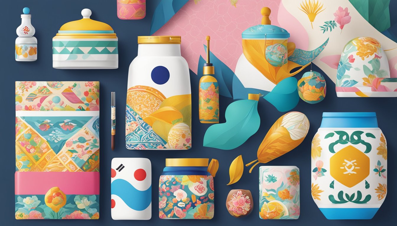 Vibrant Korean cultural symbols and traditional patterns adorn modern Korean brands' products