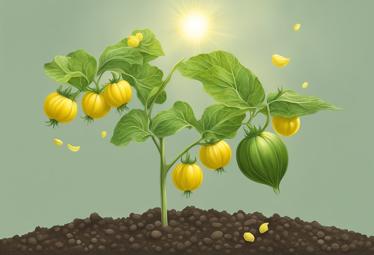 A tomatillo plant grows from the soil, its green stems reaching towards the sun. Small yellow flowers bloom, eventually turning into green fruit covered in papery husks