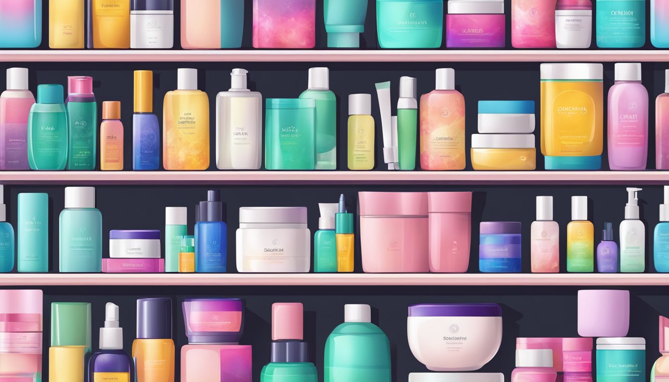 A shelf filled with colorful Korean beauty and skincare products. Bright packaging and various types of products on display