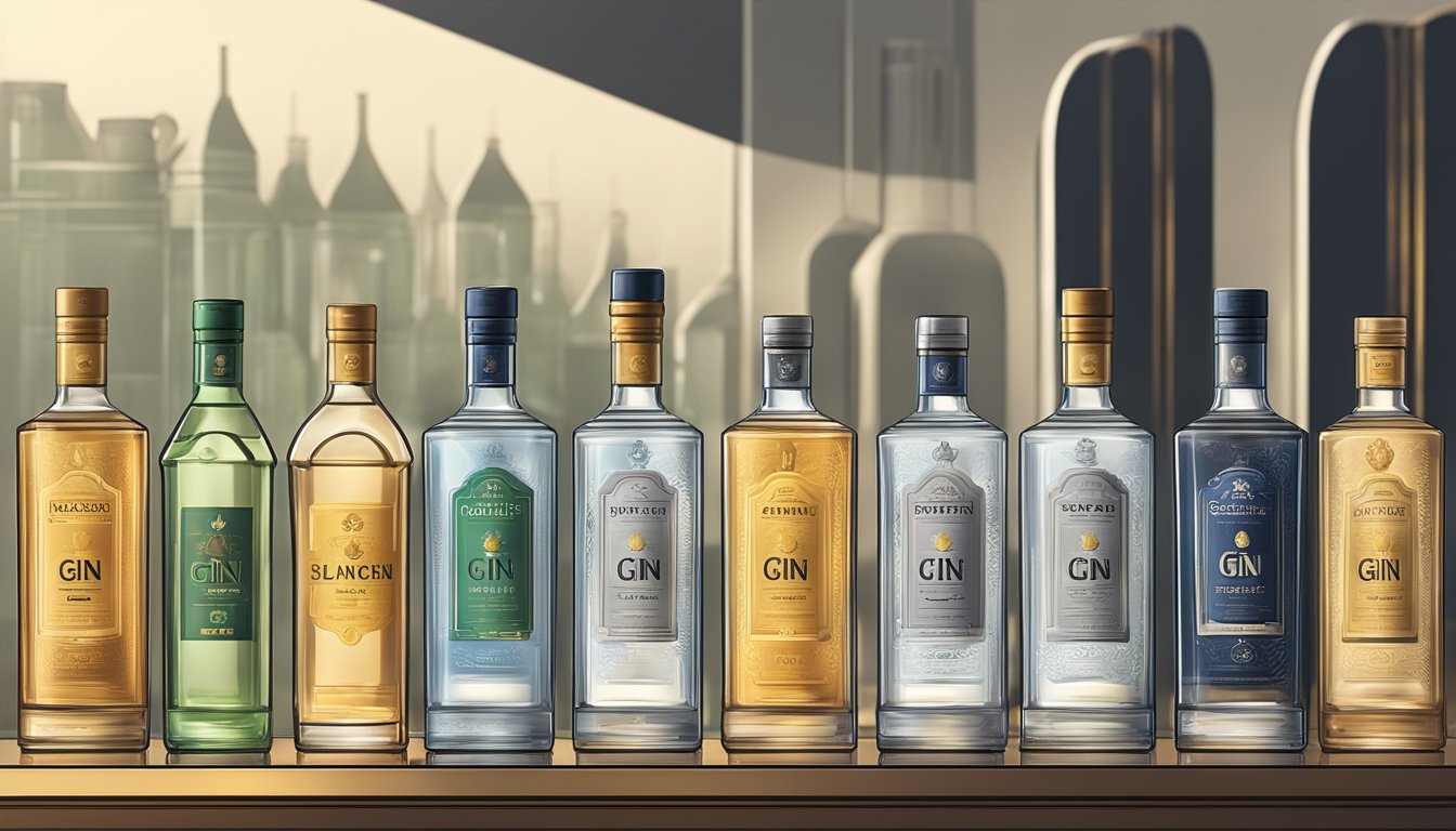 Bottles of gin lined up on a sleek bar counter, each with a unique label and design, illuminated by soft, warm lighting