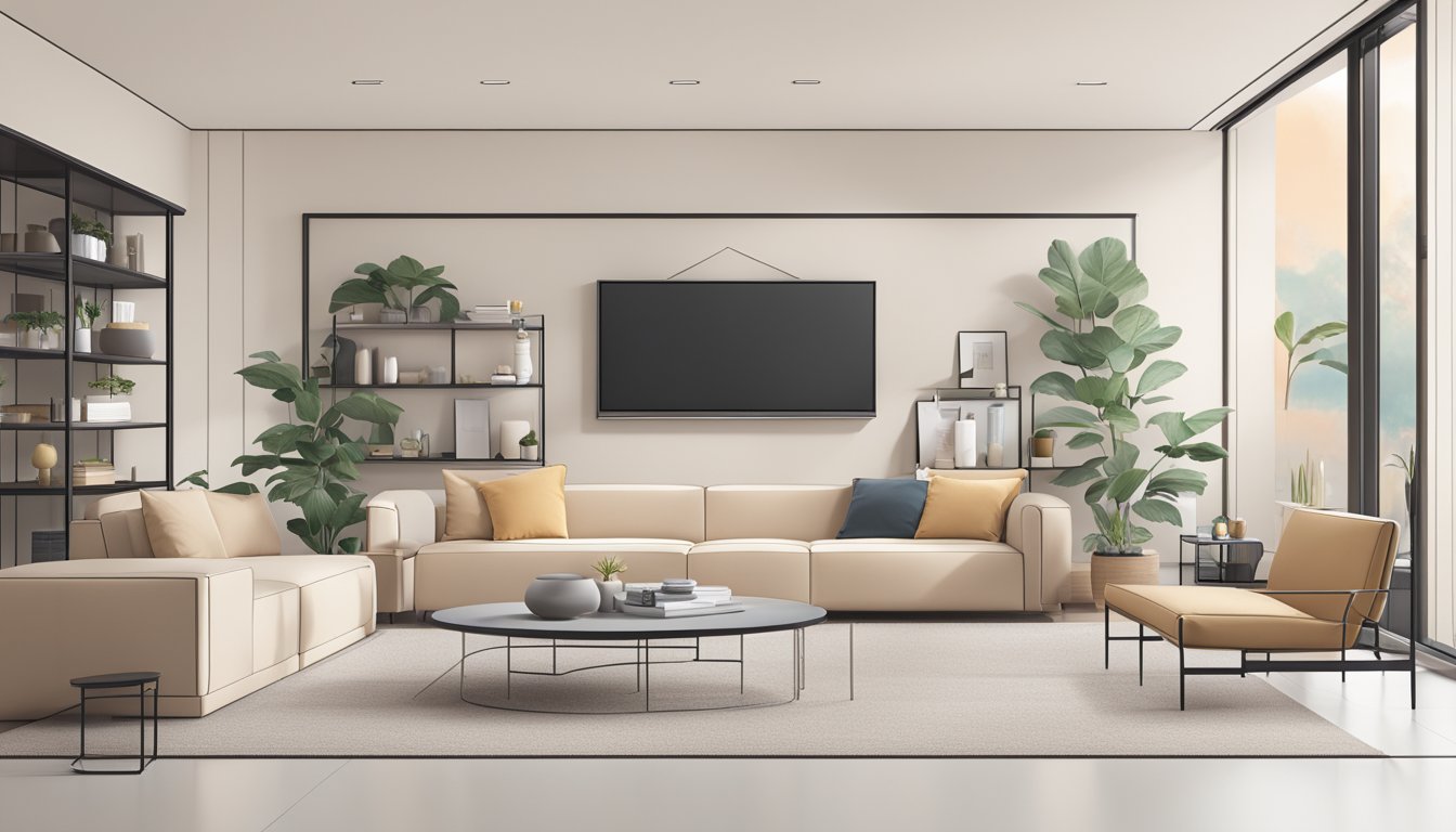 A modern, minimalist living room with sleek Korean consumer products on display. Clean lines, neutral colors, and subtle branding