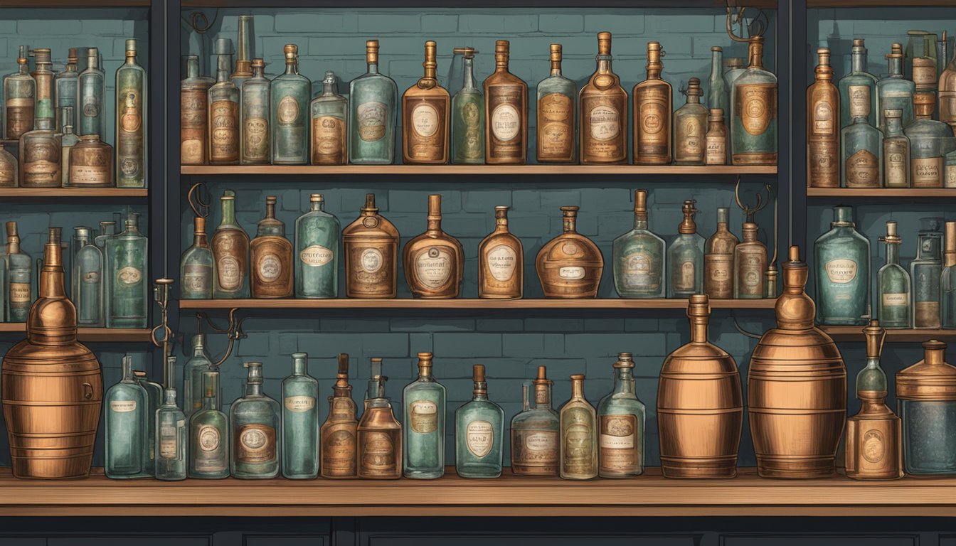 A distillery with copper stills, shelves of botanicals, and labeled gin bottles