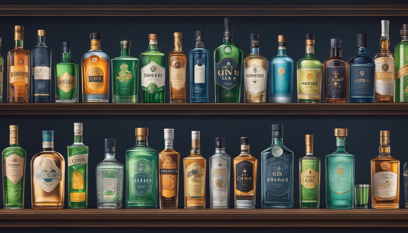 Bottles of iconic gin brands arranged on a sleek, modern bar top with a backdrop of dimly lit shelves displaying various spirits