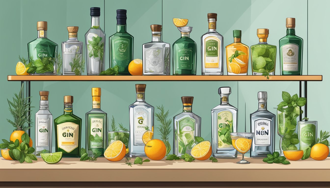 A variety of gin bottles arranged on a sleek bar counter, surrounded by cocktail shakers, fresh herbs, and citrus fruits