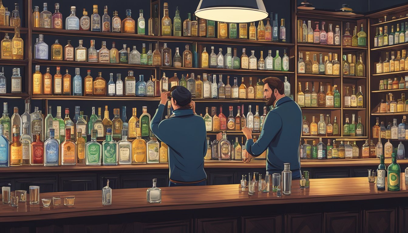 People selecting and savoring various gin brands on a well-stocked bar counter