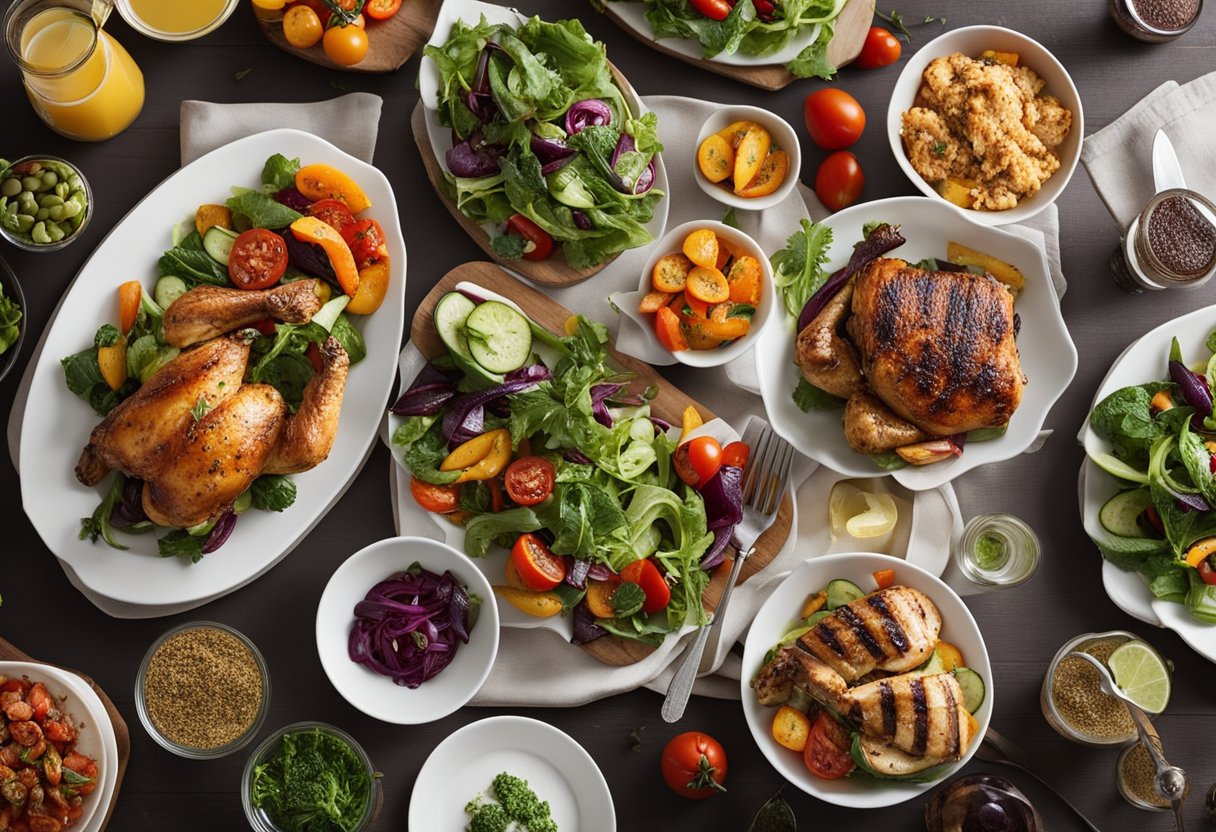 A table set with various paleo dinner options, including grilled vegetables, roasted chicken, and a colorful salad, ready for meal prep