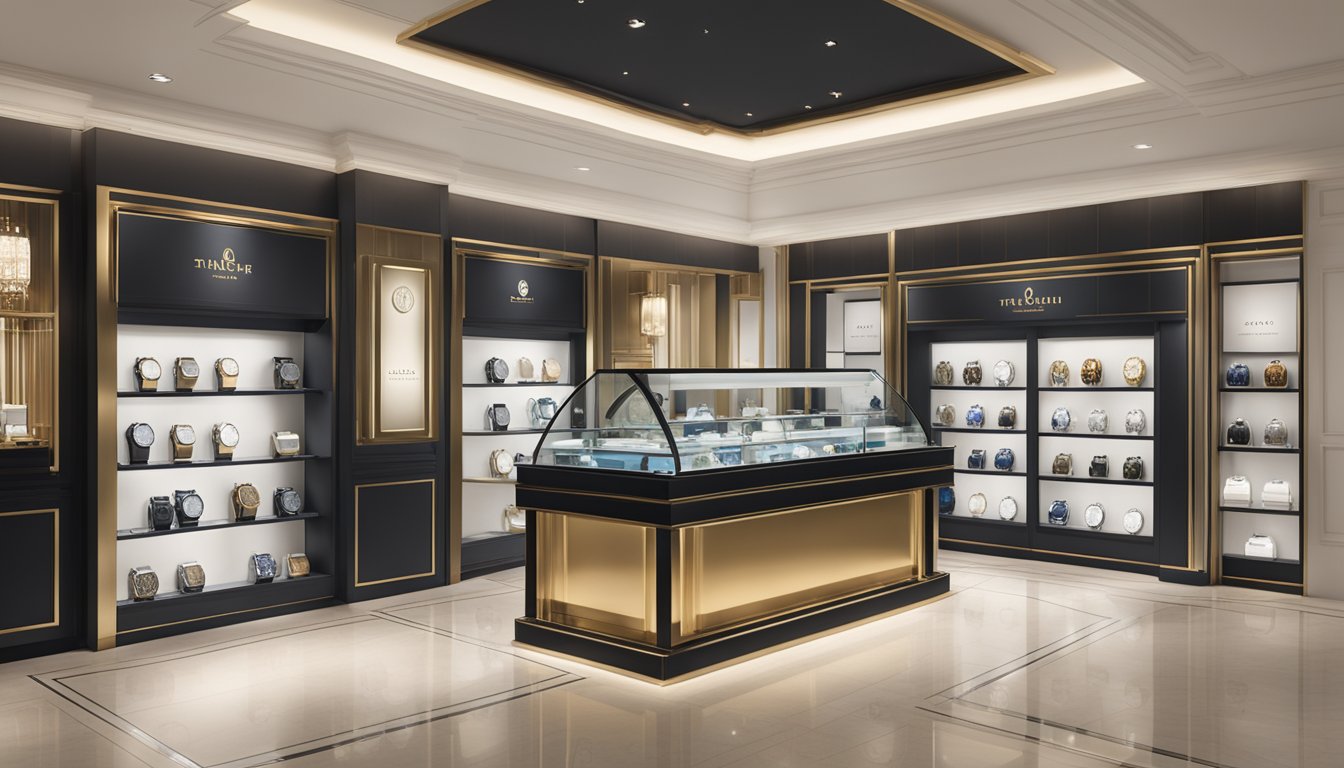 A display of iconic watch brands in a Singaporean boutique, showcasing luxury timepieces in elegant cases with prominent logos