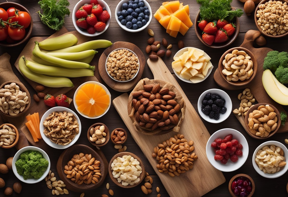 A table spread with various paleo snacks and sides, including nuts, fruits, and vegetables, neatly arranged on wooden cutting boards and ceramic dishes