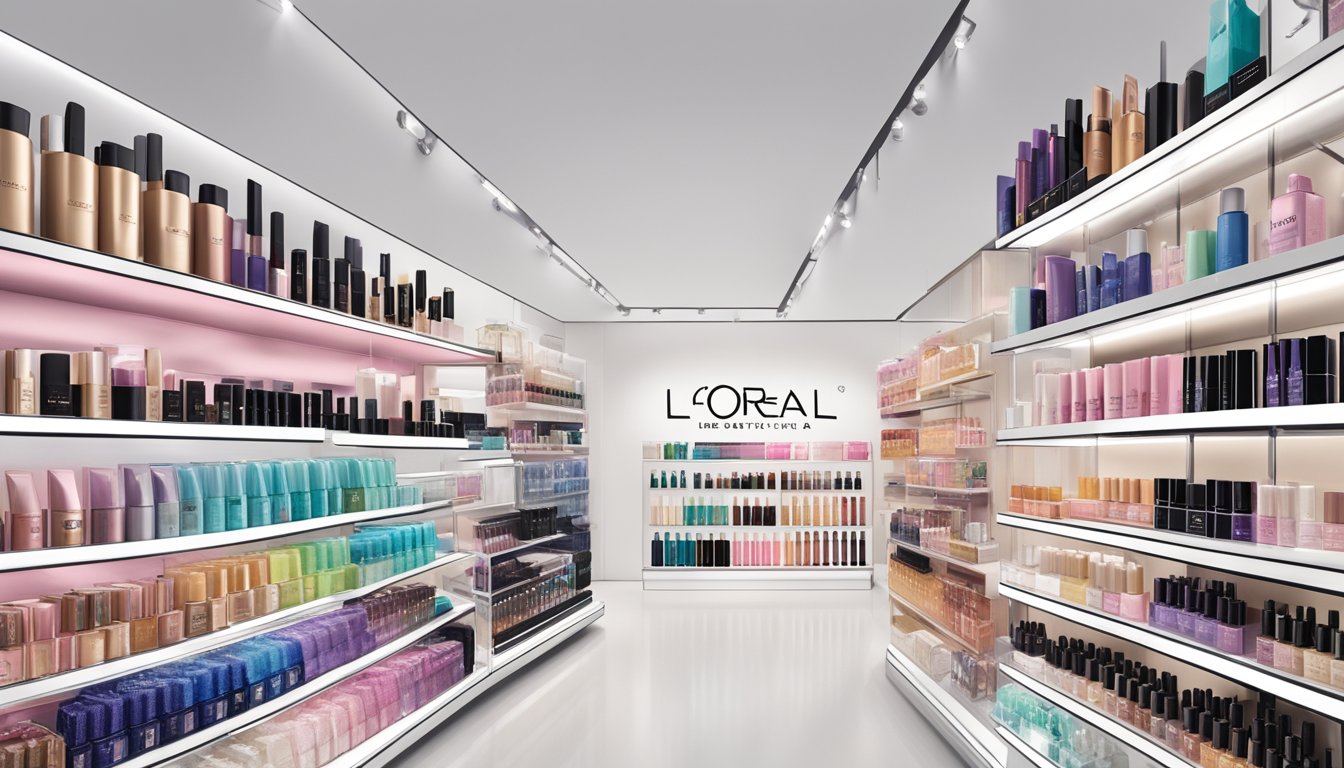 A display of L'Oreal beauty products arranged on a sleek, modern shelf with the iconic L'Oreal logo prominently featured